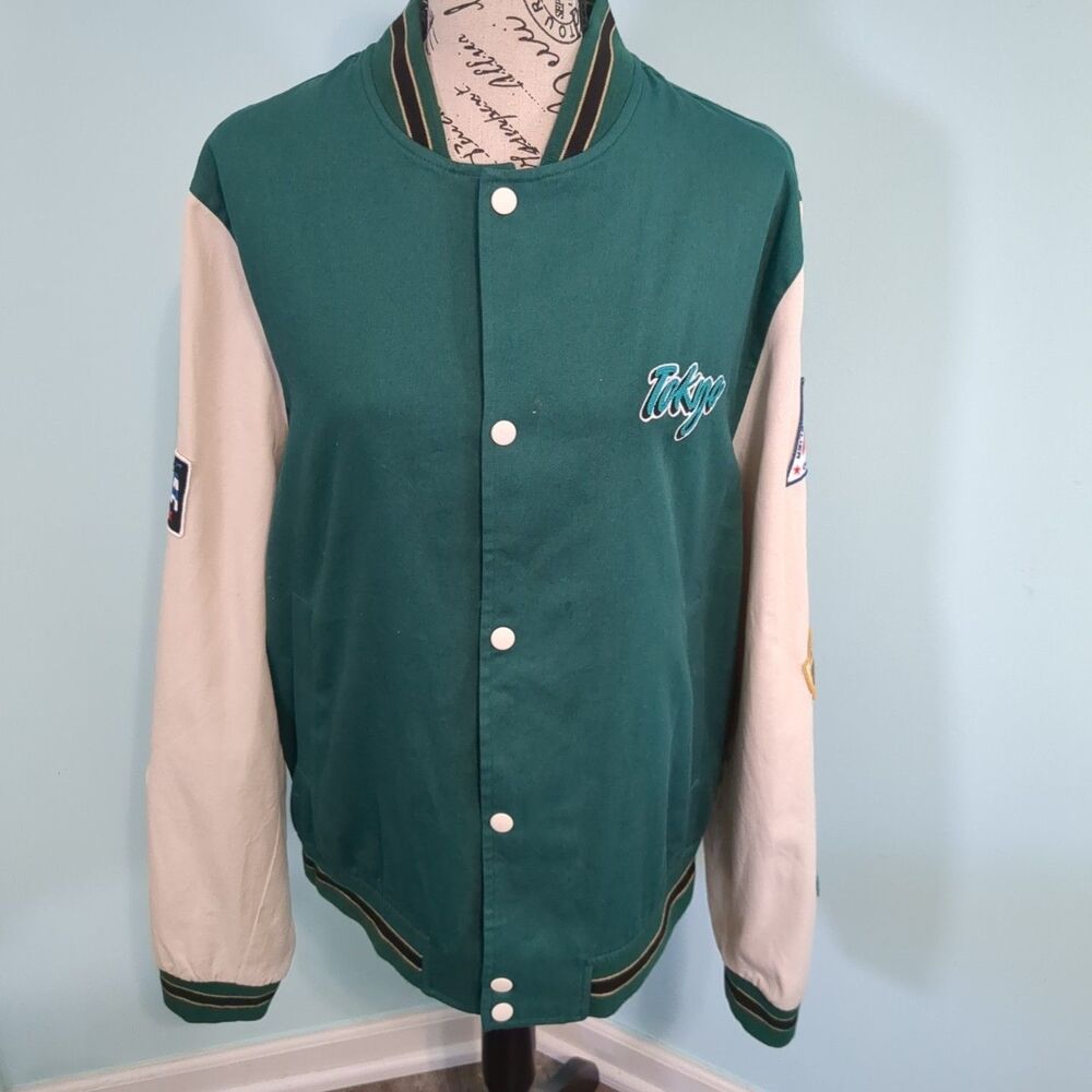 Asos Design Men's Oversized Varsity Jersey Bomber Jacket Large patches green